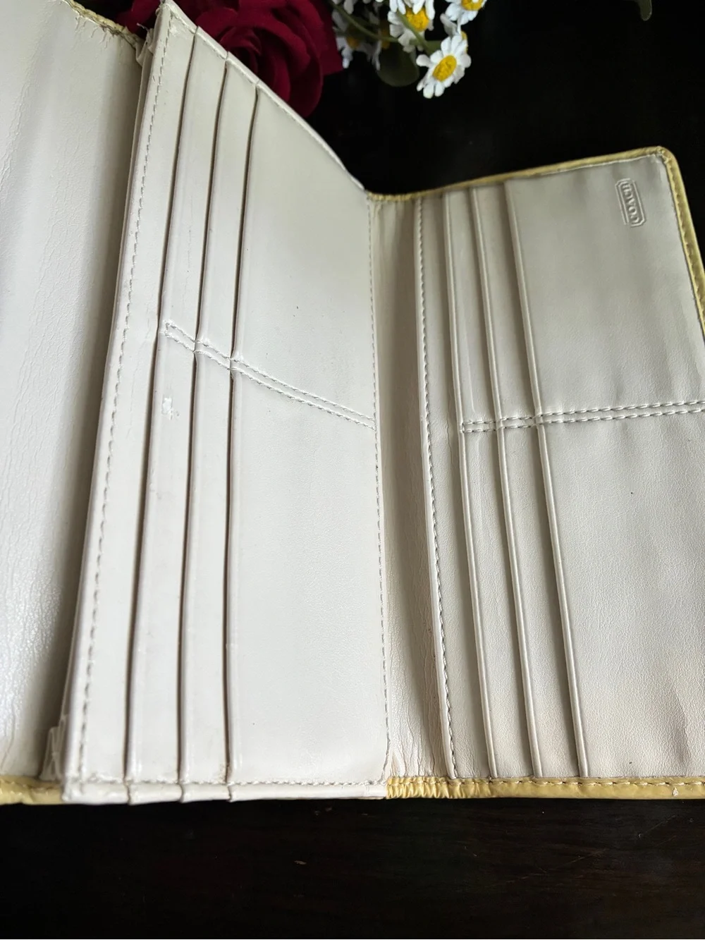 Coach Beige and Cream Signature Continental Wallet with Gold Accent